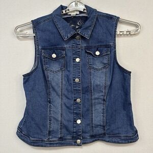 Christopher & Banks Vest XL Denim Blue Crochet Boho Hippie‎